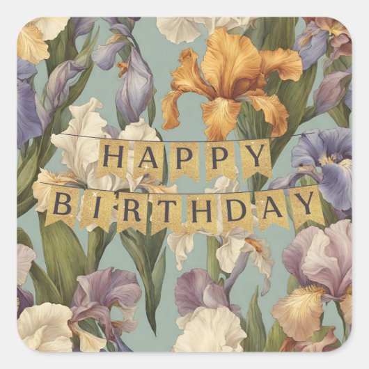 Sticker Carré Joyeux Anniversaire Belle Fleur d'Iris (Devant)