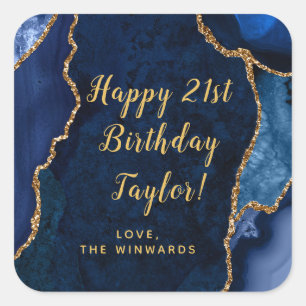 Sticker Carré Joyeux Anniversaire Bleu Nuit et Agate Dorée
