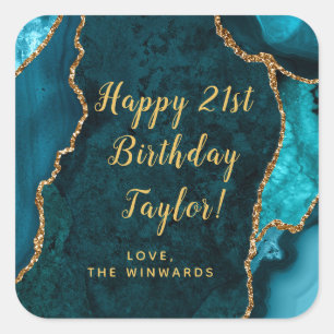 Sticker Carré Joyeux Anniversaire Bleu Turquoise et Agate Dorée