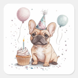 Sticker Carré Joyeux Anniversaire Bouledogue Français