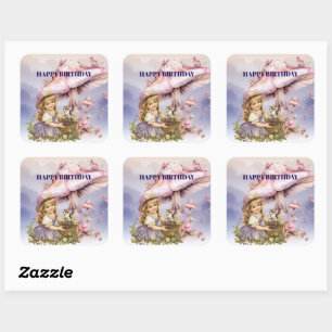 Sticker Carré Joyeux Anniversaire Champignons Violets Fille Vint