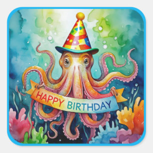 Sticker Carré Joyeux Anniversaire Chapeau de Fête de Pieuvre Des