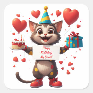 Sticker Carré Joyeux Anniversaire Chat avec Ballons 🎁