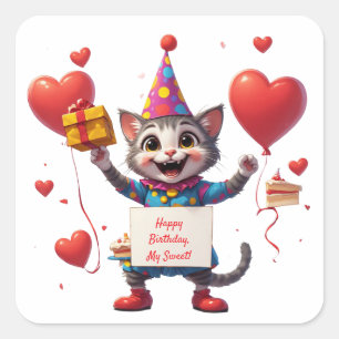 Sticker Carré Joyeux Anniversaire Chat Mignon Avec Cadeau Et Pan