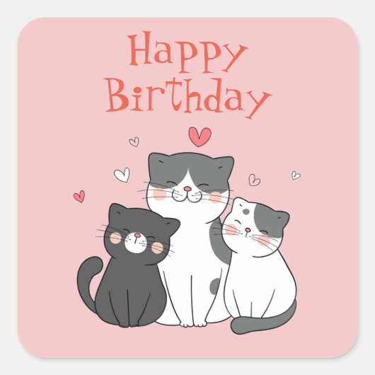 Sticker Carré Joyeux Anniversaire Chat Mignon Rose  (Devant)