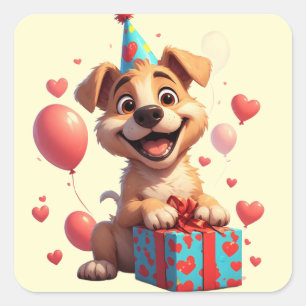 Sticker Carré 🐶 Joyeux Anniversaire Chien Avec Ballons Cadeaux