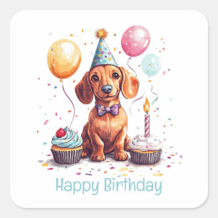 Sticker Carré Joyeux Anniversaire Chien Dachshund