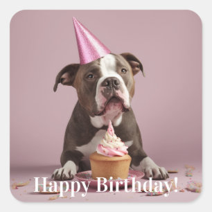 Sticker Carré Joyeux anniversaire ! Chien mangeant du gâteau