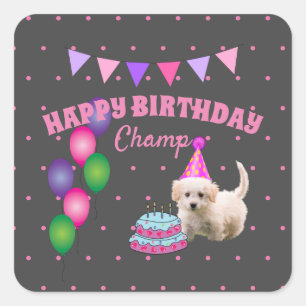 Sticker Carré Joyeux Anniversaire chien mignon avec pois de gâte