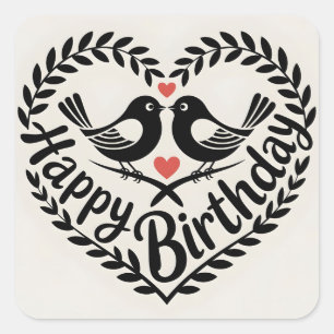Sticker Carré Joyeux Anniversaire Cœur avec Graphisme d'Oiseaux