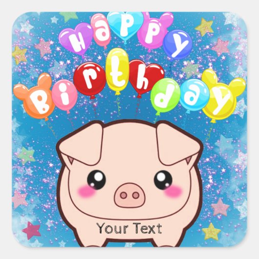 Sticker Carré Joyeux Anniversaire Colorful Pig Custom (Devant)