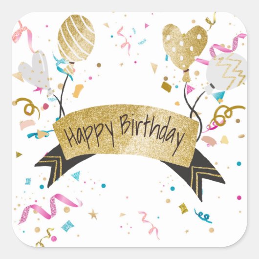 Sticker Carré Joyeux Anniversaire, conception festive, (Devant)