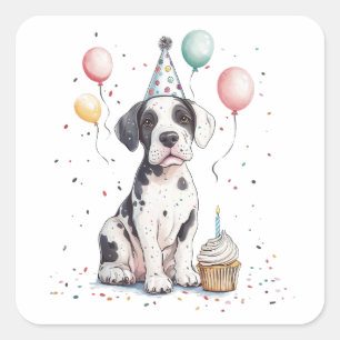 Sticker Carré Joyeux Anniversaire Cupcake de chiot Grand Danois