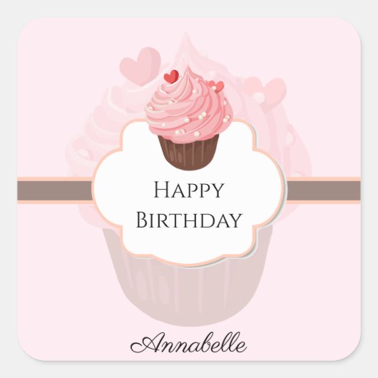 Sticker Carré Joyeux anniversaire | CUSTOMISÉ | Cupcake (Devant)