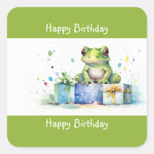 Sticker Carré Joyeux Anniversaire Cute Grenouille verte avec cad