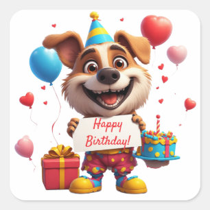 Sticker Carré Joyeux Anniversaire de Chien Mignon avec Cadeau et