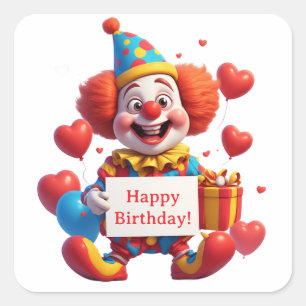 Sticker Carré Joyeux anniversaire de clown avec ballons en forme