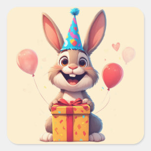 Sticker Carré 🐰 Joyeux Anniversaire de Lapin Mignon Avec Cadeau