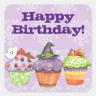 Sticker Carré Joyeux Anniversaire Des Cupcakes D'Halloween Viole