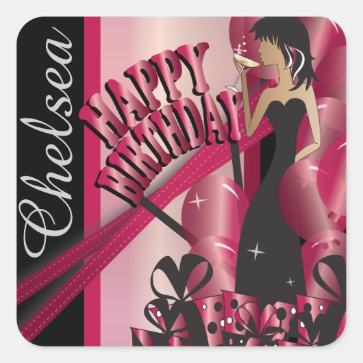 Sticker Carré Joyeux anniversaire Diva Girl | Nom do-it-yourself (Devant)