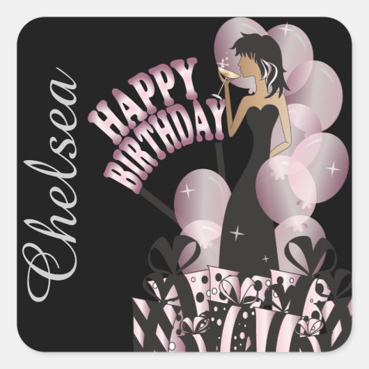 Sticker Carré Joyeux anniversaire Diva Girl | Nom do-it-yourself (Devant)