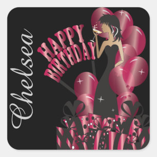 Sticker Carré Joyeux anniversaire Diva Girl   Nom do-it-yourself