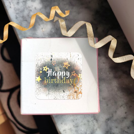 Sticker Carré Joyeux Anniversaire Étoiles Ballons Et Cadeaux