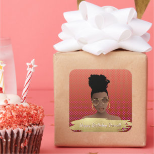 Sticker Carré Joyeux anniversaire ! Femme noire avec des couleur