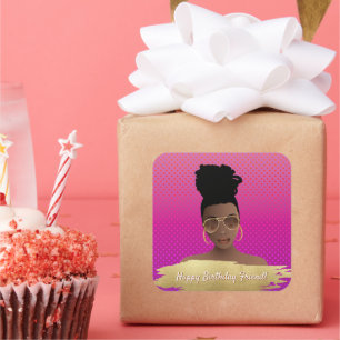 Sticker Carré Joyeux anniversaire ! Femme noire avec les nuances