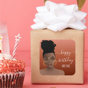 Sticker Carré Joyeux anniversaire femme noire couleur or cuivre