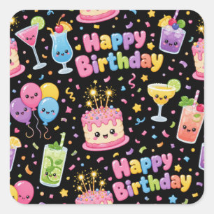 Sticker Carré Joyeux Anniversaire Fête d'Art Kawaii