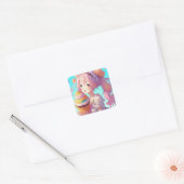 Sticker Carré Joyeux Anniversaire Fille Anime avec Cupcake Whims (Enveloppe)