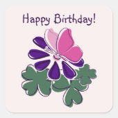 Sticker Carré Joyeux anniversaire ! Fleur violette et papillon r (Devant)