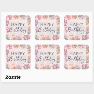 Sticker Carré Joyeux Anniversaire Fleurs de printemps colorées