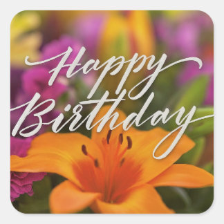 Sticker Carré Joyeux Anniversaire Fleurs de printemps colorées v