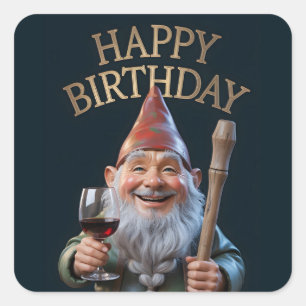 Sticker Carré "Joyeux Anniversaire" Gnome trinquant au vin rouge