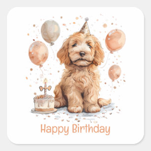 Sticker Carré Joyeux Anniversaire Goldendoodle Chien Birthday Ca