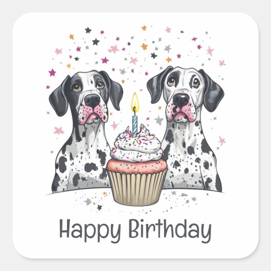 Sticker Carré Joyeux anniversaire Great Dane Dogs Cupcake (Devant)