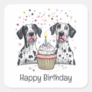 Sticker Carré Joyeux anniversaire Great Dane Dogs Cupcake