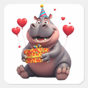 Sticker Carré Joyeux Anniversaire Hippopotame Mignon Avec Cadeau