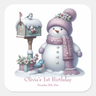 Sticker Carré Joyeux Anniversaire Hiver Bonhomme de Neige Rose M