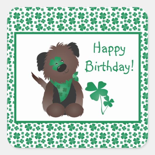 Sticker Carré Joyeux Anniversaire Jour Chien Shamrock Vert (Devant)