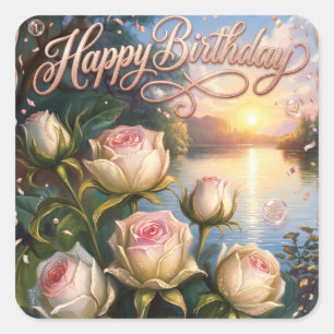 Sticker Carré Joyeux Anniversaire Lac au Coucher du Soleil avec