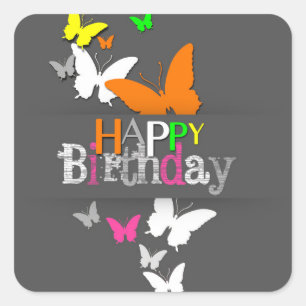 Sticker Carré Joyeux Anniversaire Moderne Colorful Papillons en 