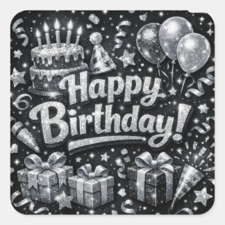 Sticker Carré Joyeux Anniversaire Noir Et Argent