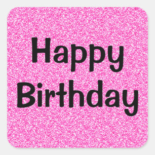Sticker Carré Joyeux Anniversaire Noir Rose Chaud Paillettes Éti