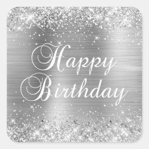 Sticker Carré Joyeux Anniversaire Pailleté Argenté Feuille