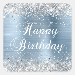 Sticker Carré Joyeux Anniversaire Paillettes Argentées sur Fond