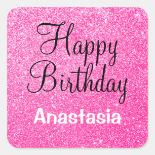 Sticker Carré Joyeux Anniversaire Paillettes Rose Chaud Nom
