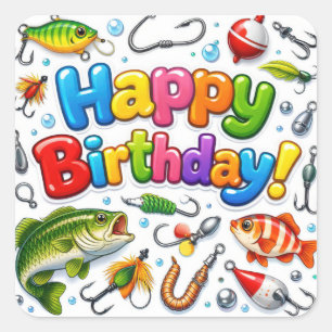 Sticker Carré Joyeux Anniversaire Poissons, Leurres et Hameçons